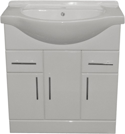 850mm White Vanity Unit, Ceramic Basin, Fully Assembled. technical image