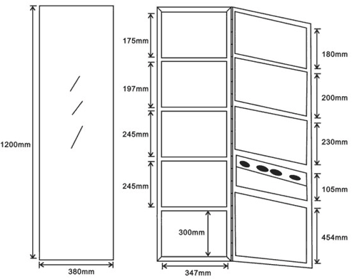 Corner Mirror Bathroom Cabinet. 380x1200x200mm. technical image