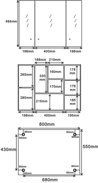 3 Door Mirror Bathroom Cabinet. 800x550x130mm. technical image