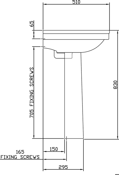 Basin & Pedestal (1 Tap Hole). Size 655x510mm. technical image