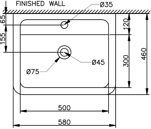 Free Standing Basin (1 Tap Hole).  Size 580x460mm. technical image