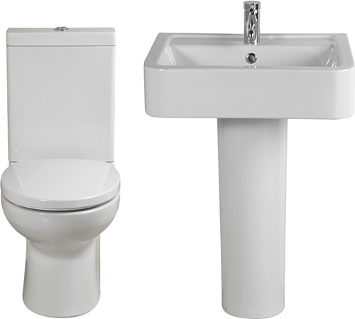 4 Piece Bathroom Suite, Toilet, Soft Close Seat, 58cm Basin. technical image