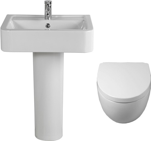 3 Piece Bathroom Suite, Wall Hung Toilet Pan & 58cm Basin. technical image