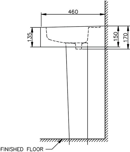 3 Piece Bathroom Suite, Wall Hung Toilet Pan & 58cm Basin. technical image