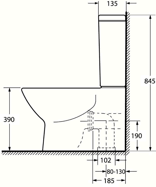 Modern Toilet, Push Flush Cistern & Soft Close Seat. technical image