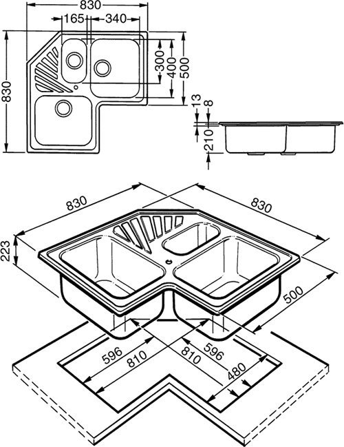 2.5 Bowl Stainless Steel Antiscratch Corner Inset Kitchen Sink. technical image