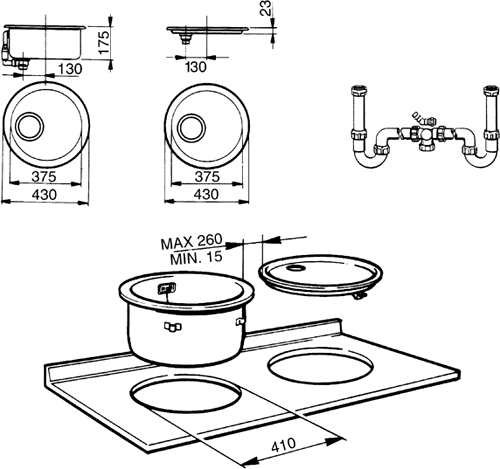 Round Bowl Inset Kitchen Sink And Drainer. technical image