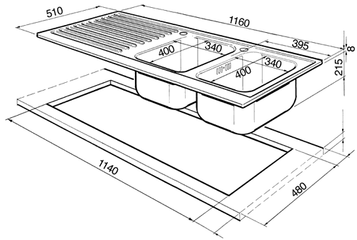2.0 Bowl Stainless Steel Kitchen Sink With Left Hand Drainer. technical image