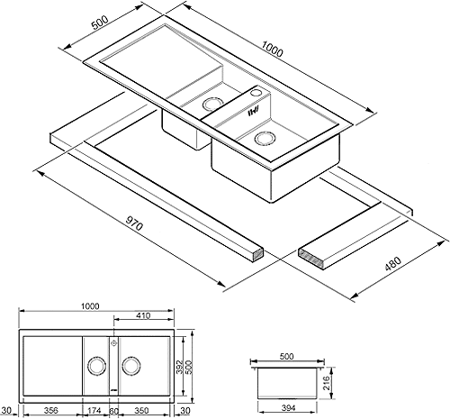 1.5 Bowl Low Profile Stainless Steel Sink, Right Hand Drainer. technical image