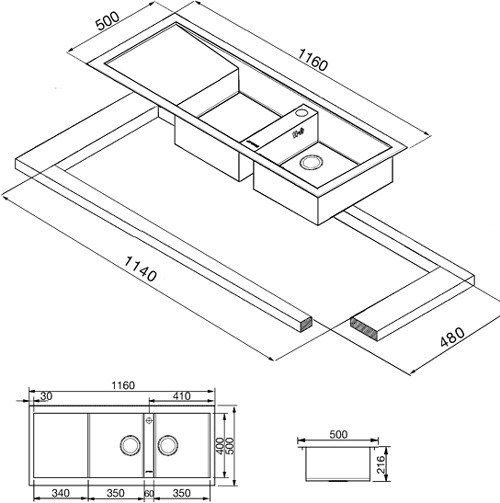 2.0 Bowl Stainless Steel Inset Kitchen Sink, Left Hand Drainer. technical image
