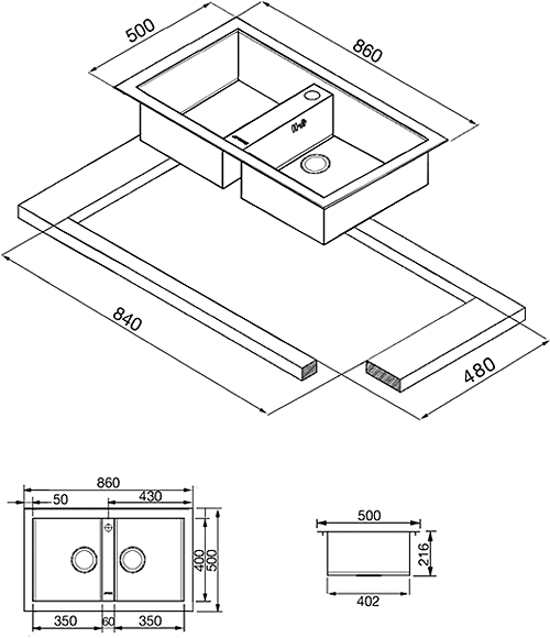 2.0 Bowl Stainless Steel, Low Profile Kitchen Sink. technical image