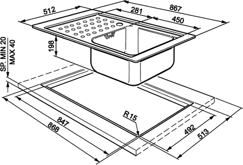 1.0 Bowl Low Profile Stainless Steel Sink, Right Hand Drainer. technical image