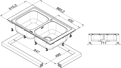 2.0 Bowl Stainless Steel Low Profile Inset Kitchen Sink. technical image