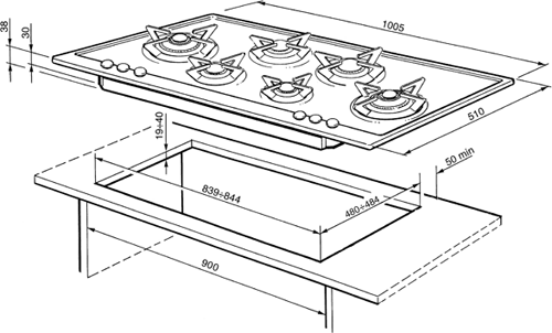 Piano 6 Burner Gas Hob. 1000mm. technical image
