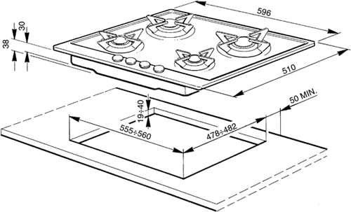 Piano 4 Burner Gas Hob. 600mm. technical image