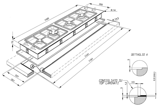 Exclusive Studio Line 4 Burner Gas Hob. 1160mm. technical image