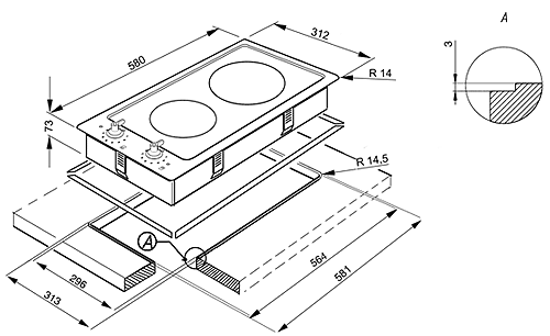 Exclusive Studio Line Low Profile 2 Ring Hob. 310mm. technical image