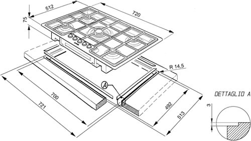 Linear Flush Fit 5 Burner Gas Hob. 720mm. technical image