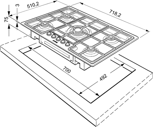 Linear Low Profile 5 Burner Gas Hob. 720mm. technical image