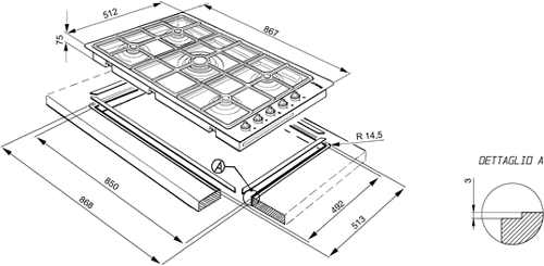 Linear Low Profile 5 Burner Gas Hob. 900mm. technical image