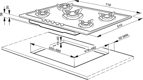 Evolution Mirror 5 Burner Gas Hob. 720mm. technical image