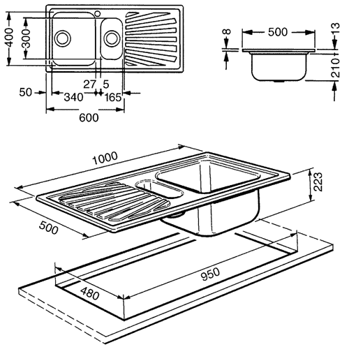 1.5 Bowl AntiScratch Stainless Steel Sink, Right Hand Drainer. technical image