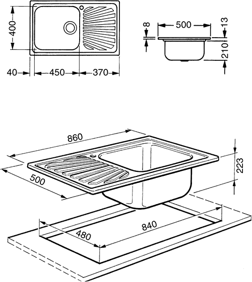 1.0 Large Bowl Stainless Steel Kitchen Sink, Right Hand Drainer. technical image