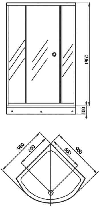 950x950 Quadrant shower enclosure with shower tray. technical image