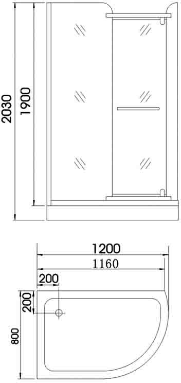1200x800 Right hand offset quadrant enclosure with shower tray. technical image