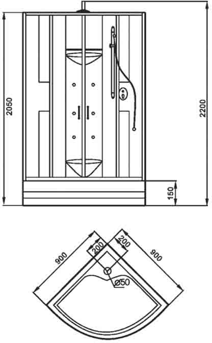 900x900 Complete hydro therapy quadrant enclosure. technical image