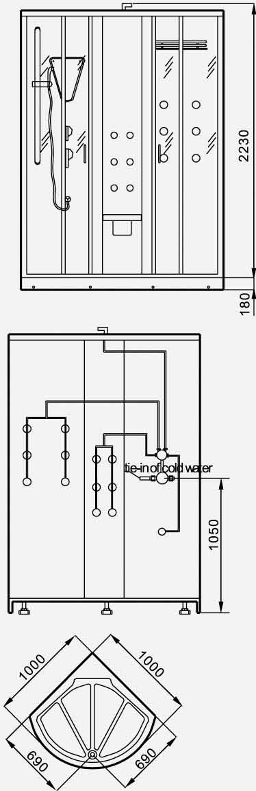 1000x1000 Complete hydro therapy quadrant enclosure. technical image