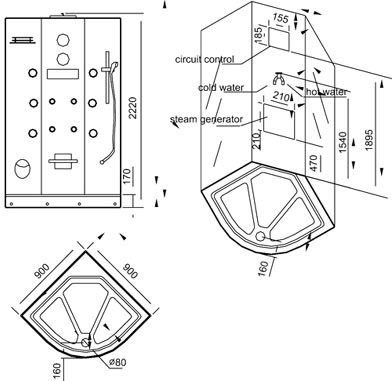 900x900 Steam massage shower enclosure, mirror panels. technical image