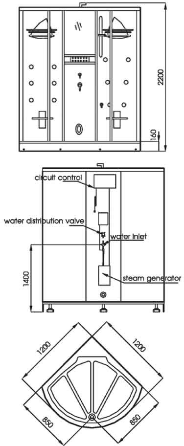 1200x1200 Steam massage shower enclosure for two. technical image