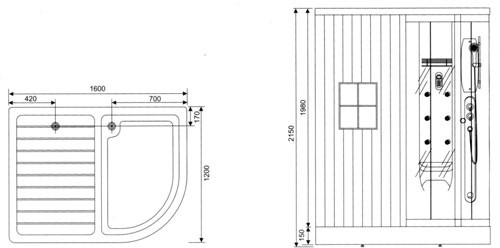 Sauna and steam massage shower enclosure, right handed. technical image