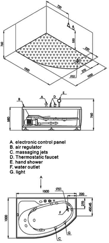 Deluxe Whirlpool Bath. Left Hand. 1500x1000mm. technical image