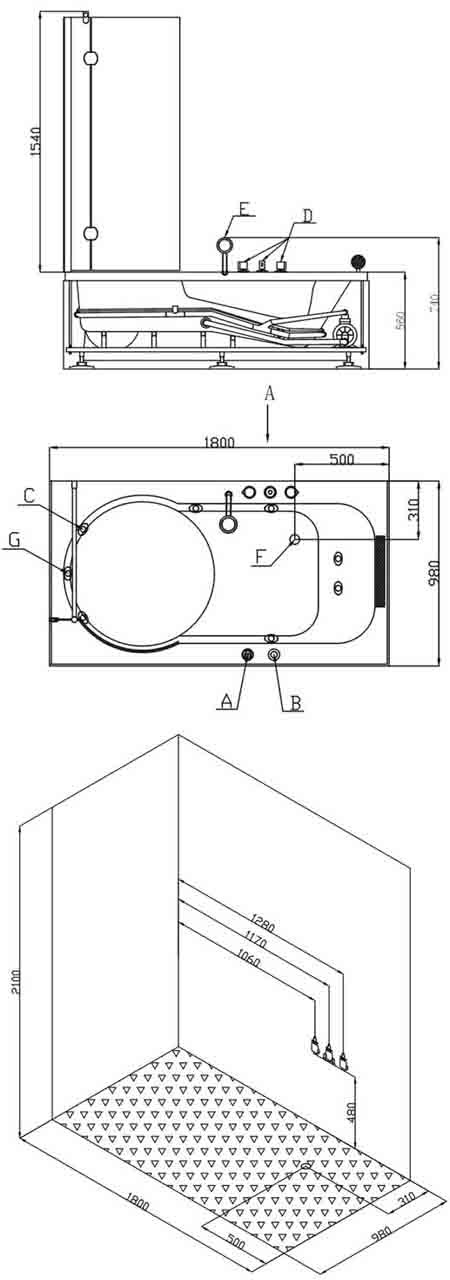 Complete Shower Bath (Left Hand). 1800mm. 6 Jet whirlpool. technical image