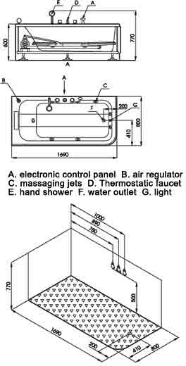Deluxe Whirlpool Bath wth TV.  Left Hand. 1690x800mm. technical image