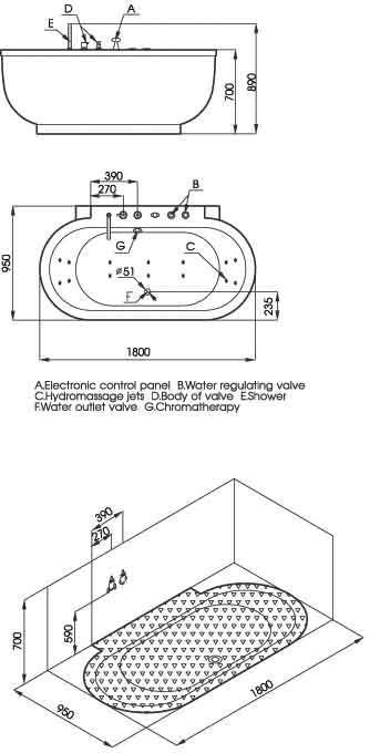 Freestanding Back to Wall Whirlpool Bath. 1800x950mm. technical image