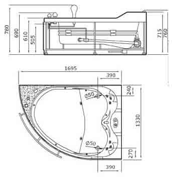 Whirlpool Bath for 2 Persons.  Right Hand. 1695x1330mm. technical image