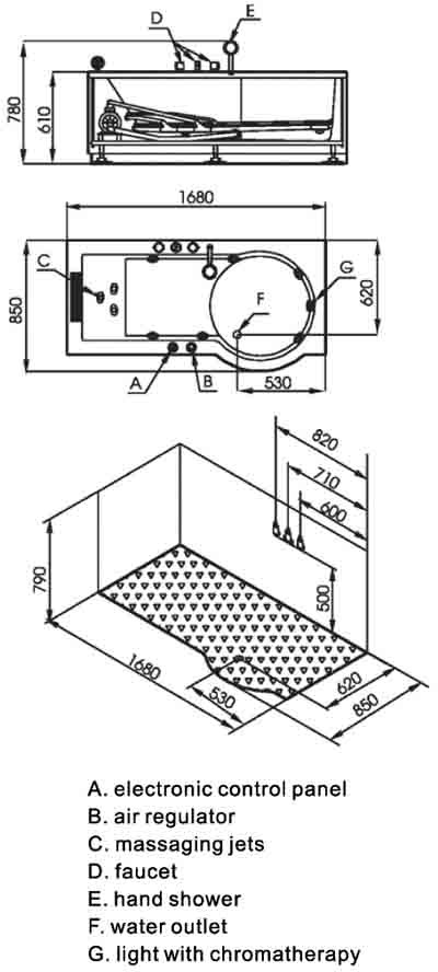 Complete Shower Bath (Right Hand). 1680mm. 8 Jet whirlpool. technical image