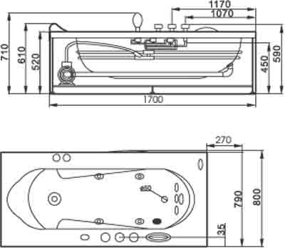 Deluxe Whirlpool Bath.  Left Handed. 1700x800mm. technical image