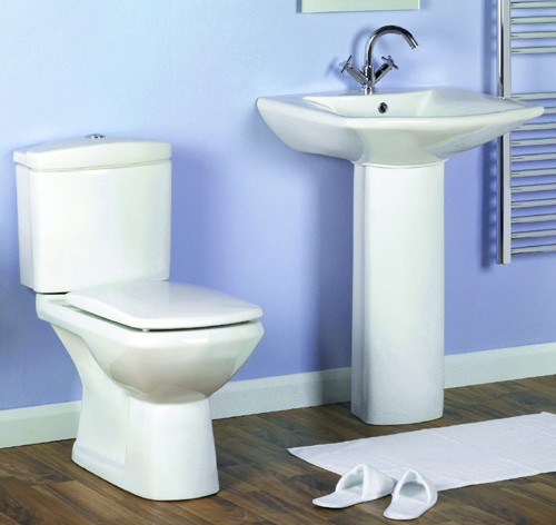 Square designer four piece bathroom suite with 1 tap hole basin. technical image