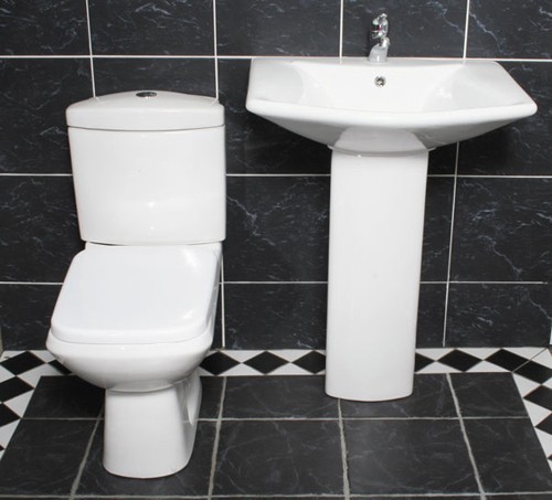 Square designer four piece bathroom suite with 1 tap hole basin. technical image