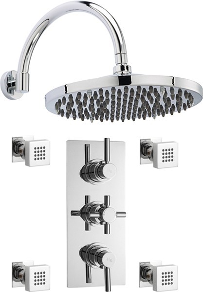 Triple Thermostatic Shower Valve, 12" Shower Head & Jets. technical image