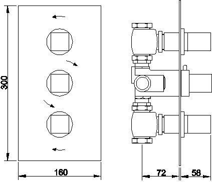 Triple Concealed Thermostatic Shower Valve, Head & Jets. technical image
