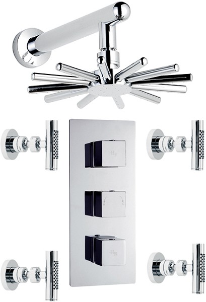 Triple Concealed Thermostatic Shower Valve, Head & Jets. technical image