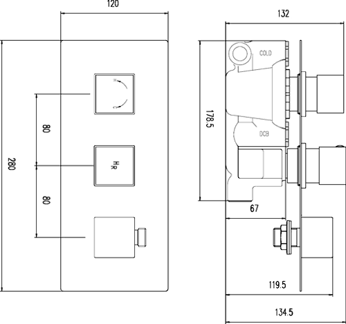3/4" Thermostatic Shower Valve, Diverter, Head & Slide Rail. technical image