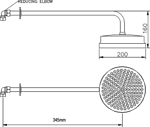8" fixed shower head and arm technical image