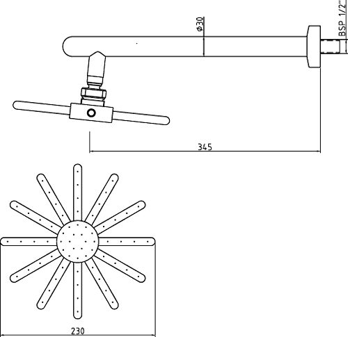 Cloudburst fixed shower head and arm technical image
