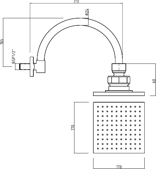 Curved Sheer Fixed Shower Head And Arm. technical image